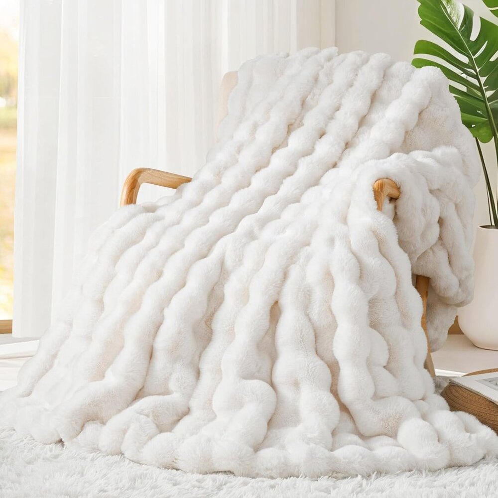 Luxury 1000GSM Faux Rabbit Fur Throw Blanket, Super Heavy Warm Cozy Blankets for